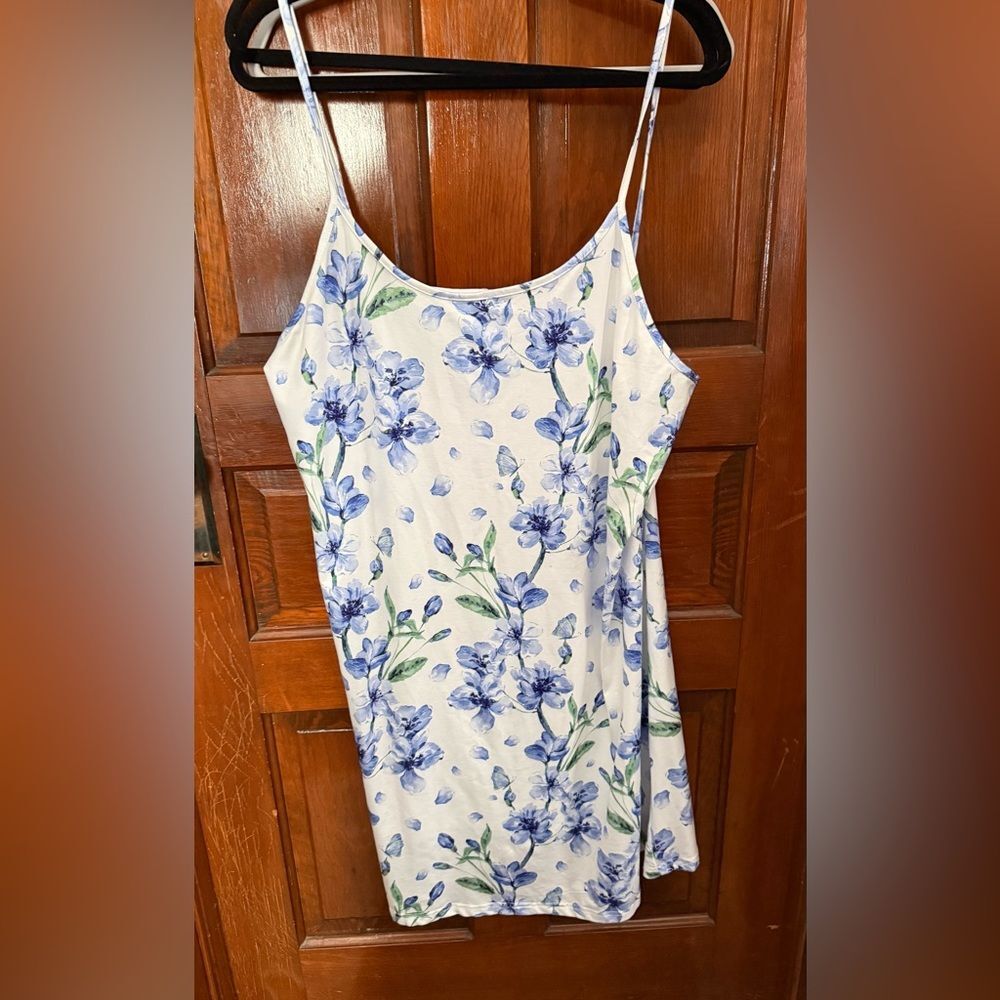 White Blue Slip Dress Nightgown 3X Plus Size Sheer Lined Sleeveless Maxi EUC